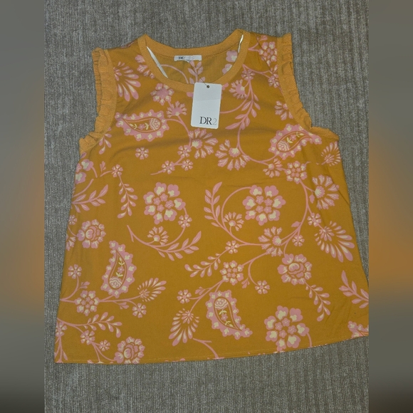 DR2 Tops - DR2 Pink Floral Paisley on Mustard Tank